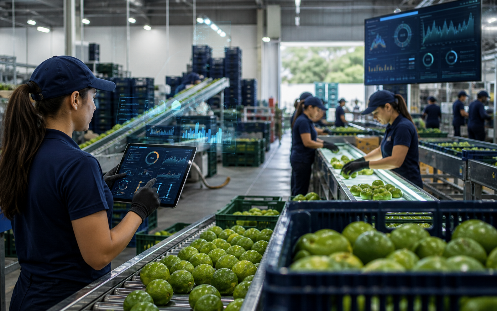 Equipe acompanhando a operação de packinghouse com dados em tempo real